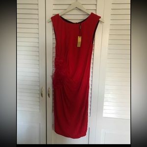 red cocktail dress with floral detail